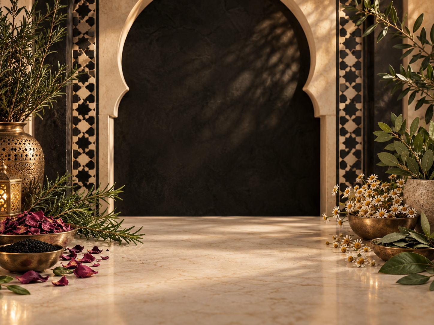 قوس مغربي وزليج وأعشاب طبيعية